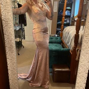 Fantasy Come True Mauve Pink Lace Satin Lace-Up Maxi Dress